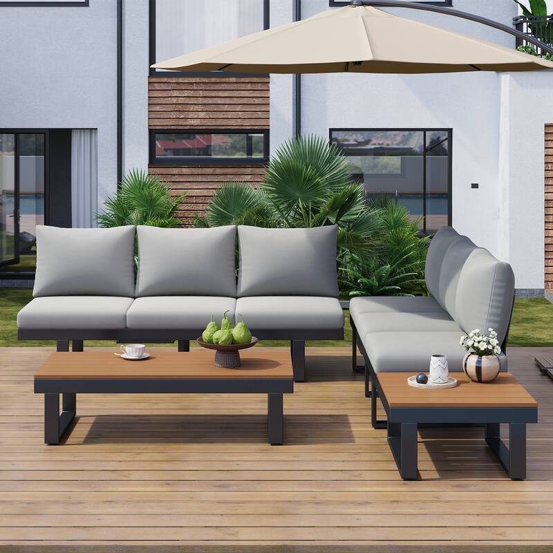 Outdoor Patio Conversation Sofa Set L-shape Sectional Sofa Set with Adjustable Reclining Seats, Coffee Table, Side Table - Grey