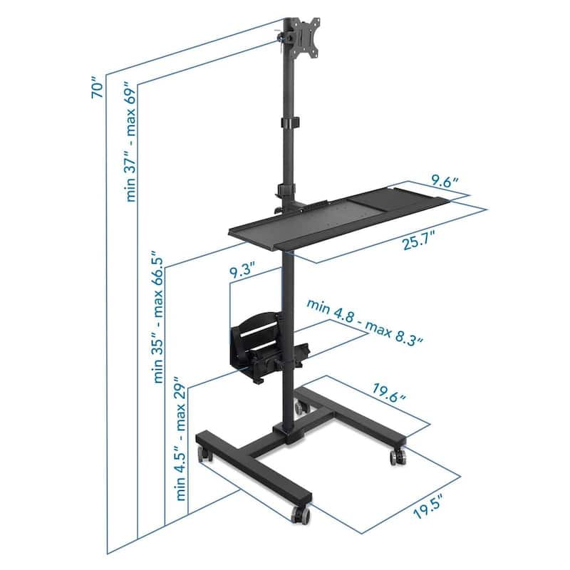 Mount-It! Rolling Computer Cart, Mobile Workstation with Tray Monitor Mount and CPU Holder, and Height Adjustable