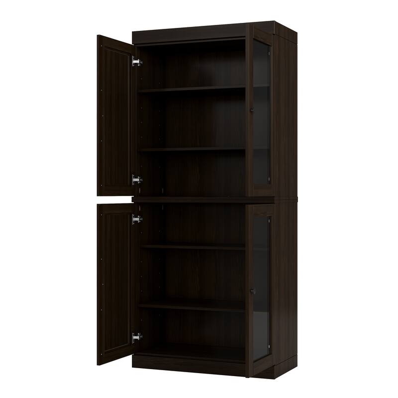 100% Solid Wood Tall Bookcase with Glass Doors, Adjustable Shelves, Modular Storage Bookshelf, 32" W x 71.5" H