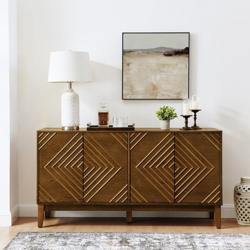60.5" Farmhouse Fluted Sideboard – Mid-Century Modern TV Stand with Geometric Design & Adjustable Shelves for Living Room. - Walnut Brown