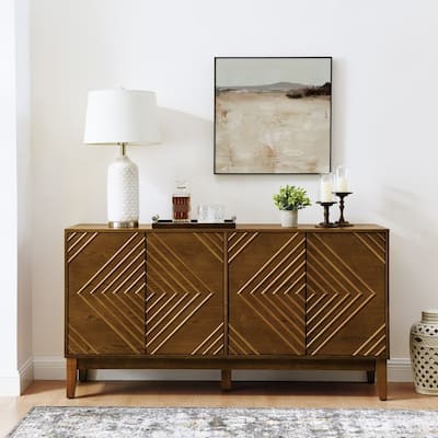 60.5" Farmhouse Fluted Sideboard – Mid-Century Modern TV Stand with Geometric Design & Adjustable Shelves for Living Room.