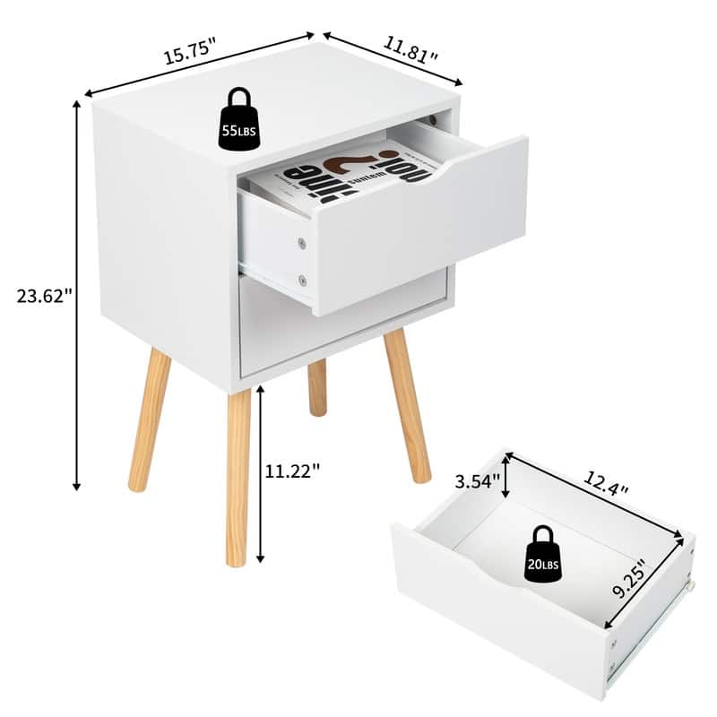 White MDF Two Drawers Nightstand