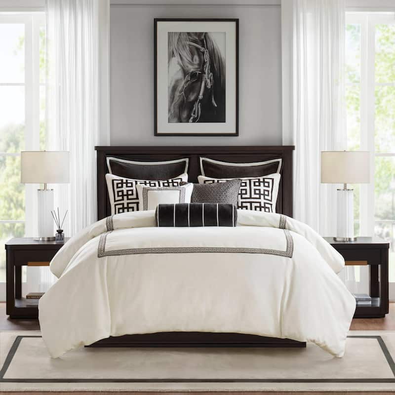 9 PCS King Embroidery Oversized Duvet Style Comforter Set Black/White - Multicolor