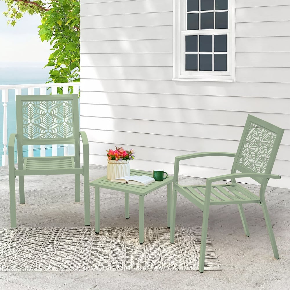 Outdoor Patio Set, Weatherproof Iron Bistro Table & Chairs, Floral Back Design, Space-Saving（Green/ Blue/ Yellow/ Black）
