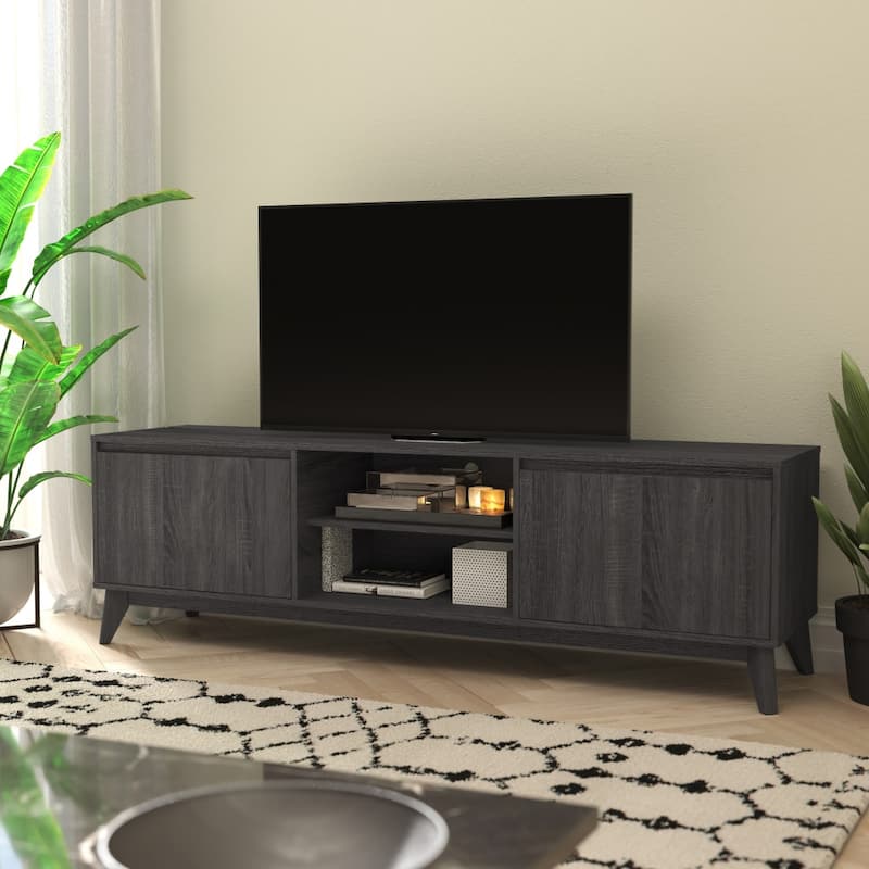 TV Stand with Adjustable Middle Shelf - Dual Soft Close Storage Doors - 71"W x 17.75"D x 21.75"H - Black
