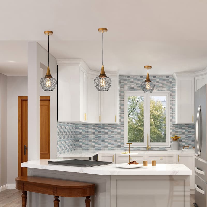 Alisar Mid-century Modern 7inch Mini Farmhouse Metal Cage Lantern Pendant Black Wire Kitchen Island Bar Ceiling Lights