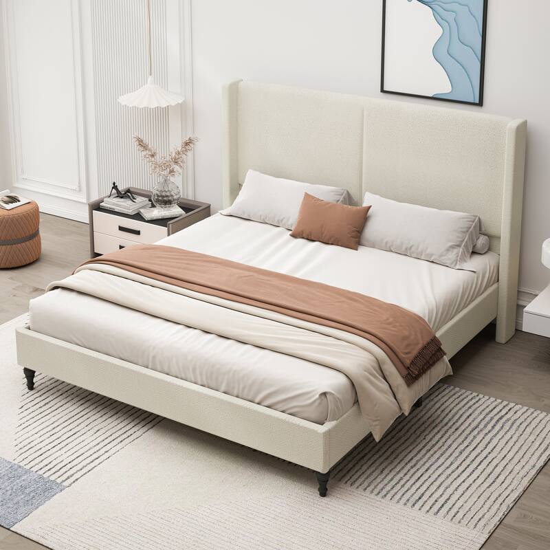 Boucle Upholstered Platform Bed with 55.5" High Wingback Headboard, Slats Support, Solid Wood Feet and Optional King or Queen