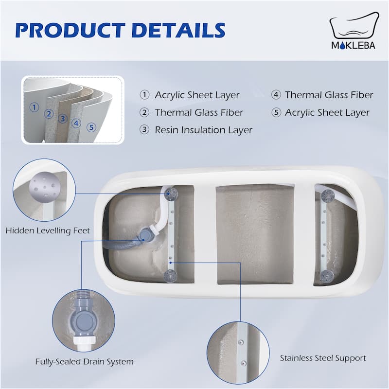 63 in. Acrylic Flatbottom Freestanding Bathtub Soaking with Pop Up Drain