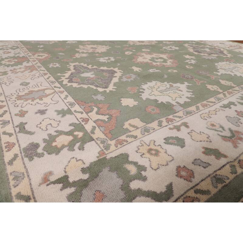 Green & Ivory Floral Oushak Oriental Area Rug Handmade Wool Carpet - 9'1" x 11'11"