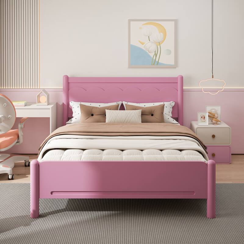 Queen Size Wood Platform Bed Frame with Headboard and Wooden Slat Support - Pink