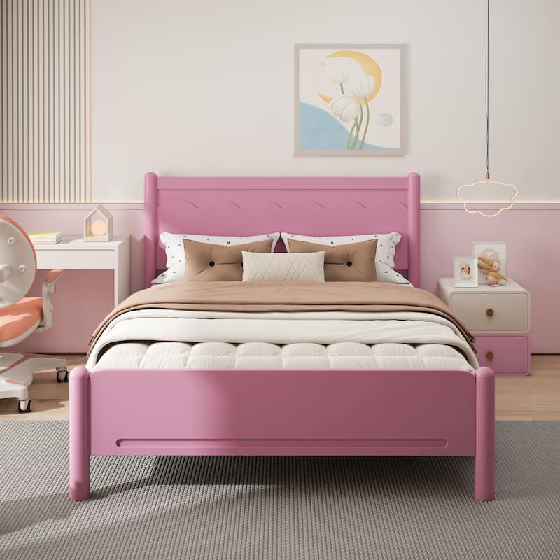 Wood Platform Bed Frame with Headboard and Wooden Slat Support - Pink - Queen
