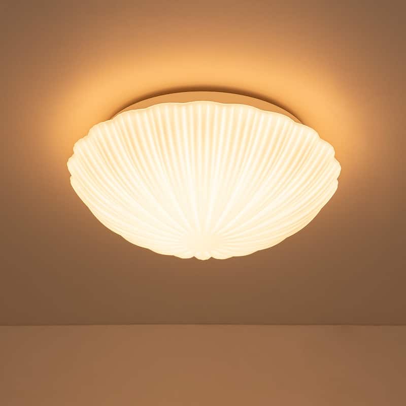 Dimmable LED White Flower Pleated Ribbed Glass Round Ceiling Light - 13.2 Inches