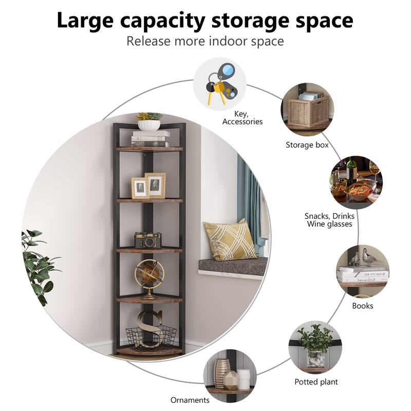 5 Tier Corner Shelves, Rustic Industrial Corner Bookshelf Bookcase