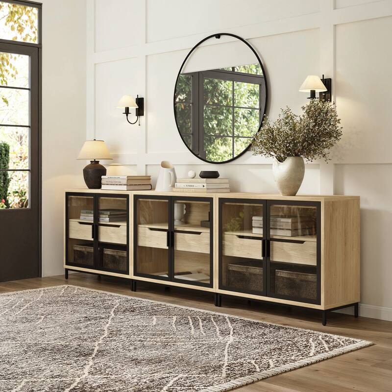 Mackenna Metal and Glass Sideboard Accent Cabinet with Two Doors, Oak Credenza for Kitchen or Living Room - Set of 3