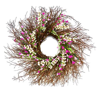 24" Spring Dark Pink & Cream Forsythia Wreath by National Tree Company