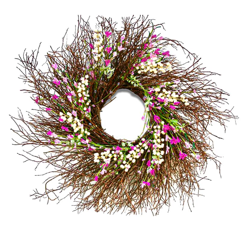 National Tree Company 24 inch Artificial Spring Wreath with Dark Pink and Cream Forsythias, Swirl of Bristle Twigs