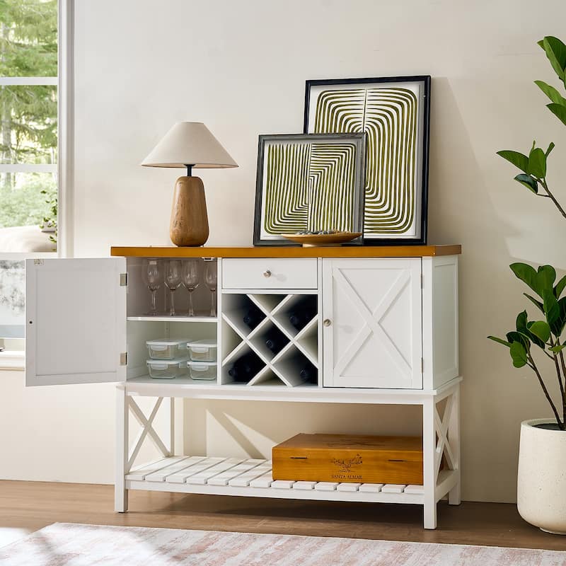 White Bar Cabinet 2 Door 1 Drawer Coffee Wine Rack Storage Shelf Multiuse Sideboard