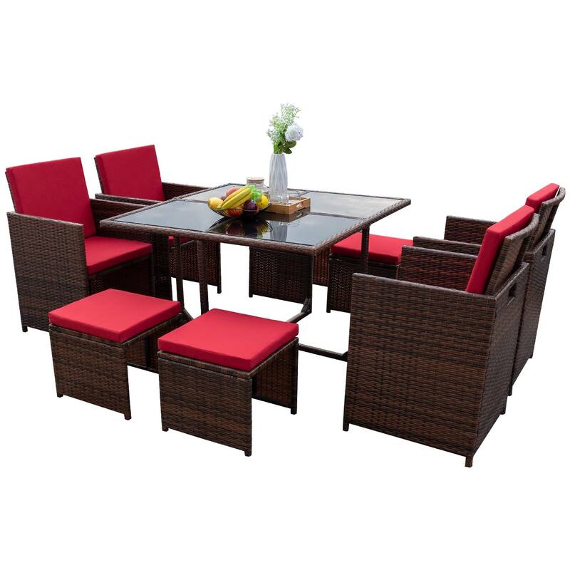 Homall 9 Pieces Patio Dining Sets Outdoor Space Saving Rattan Chairs with Glass Table Sectional Conversation Set with Cushions - Red