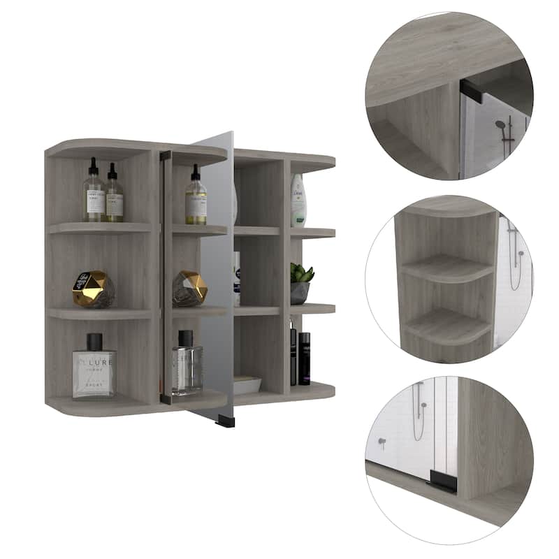TUHOME Milan Mirrored Medicine Cabinet with 3 Concealed and 6 Open Shelves