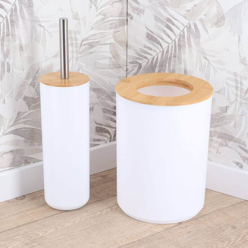 White Toilet Brush and Holder Set Padang with Bamboo Top - 3.8"L x 3.8"W x 14.12"H