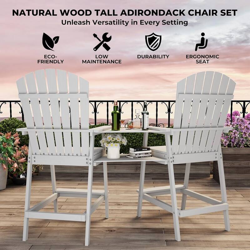 Set of 2 Outdoor Tall Adirondack Chairs Barstools for Deck, Balcony, Backyard, Patio Bar