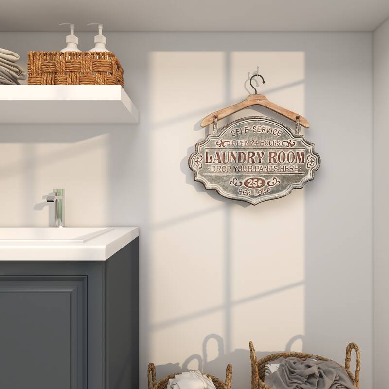 Gray Metal Laundry Room Sign Home Wall Decor with Brown Wood Hanger