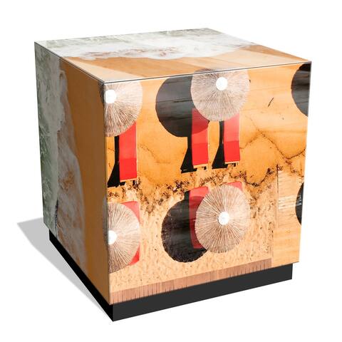 "Beach Bliss II" Reverse Printed Beveled Art Glass Side Table with Black Plinth Base - 22" x 22" x 22"
