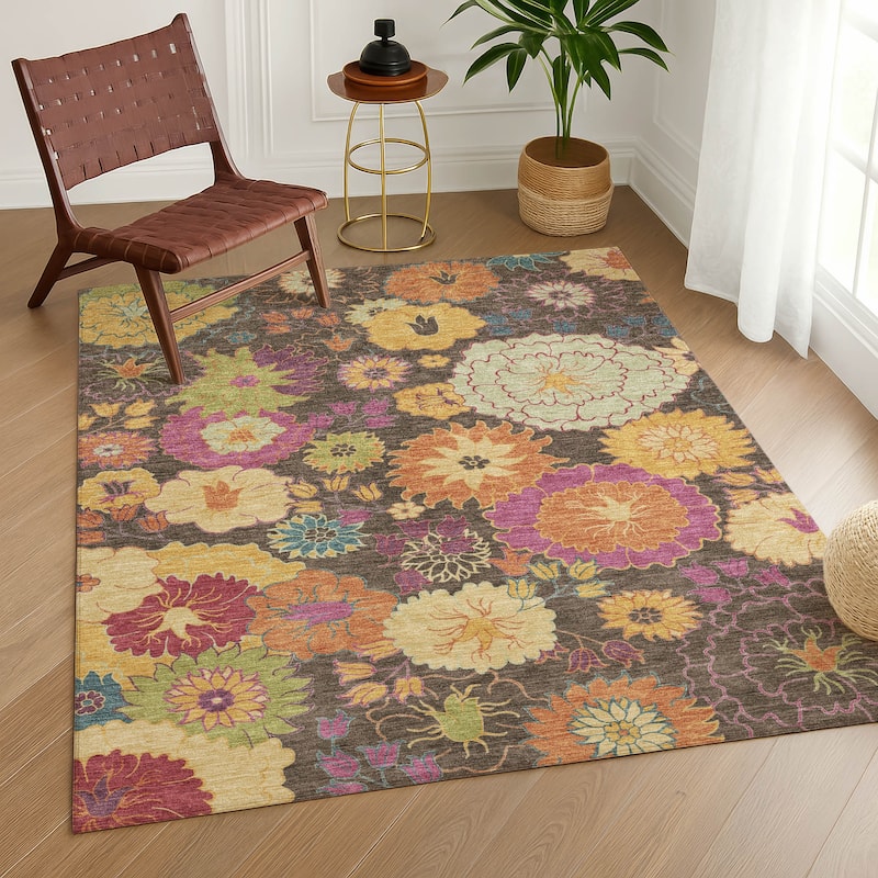 Machine Washable Indoor/ Outdoor Modern Floral Chantille Rug