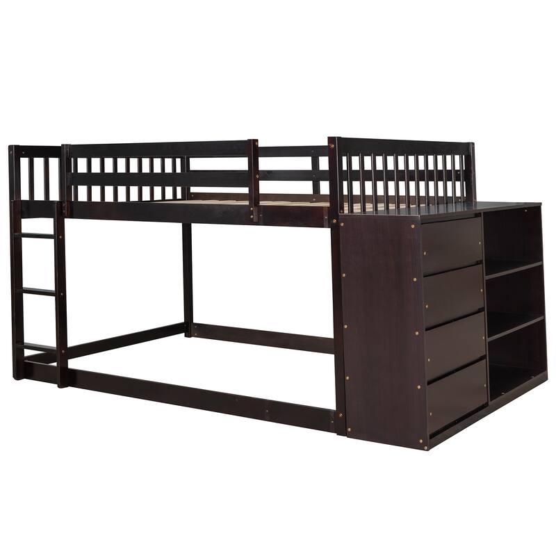 Full over Full Bunk Bed with 4 Drawers and A Three-Layer Storage Cabinet, Support with Wooden Boards