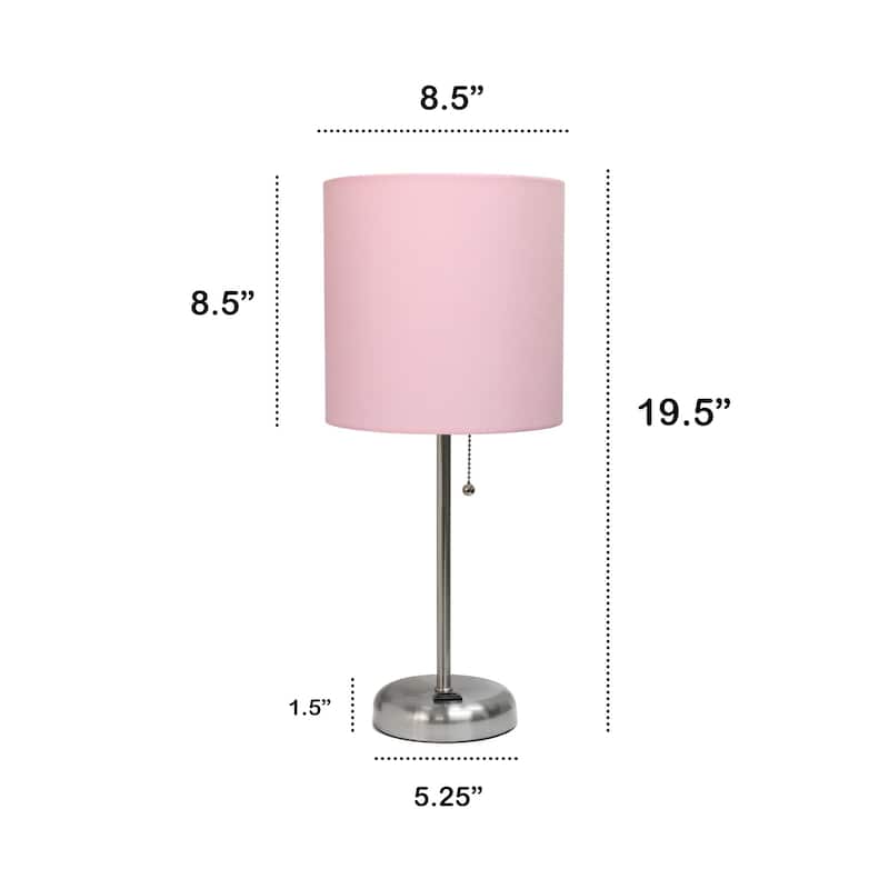 Brushed Steel Bedside Table Desk Lamp with Drum Shade - 19.5" - Silver and Pink