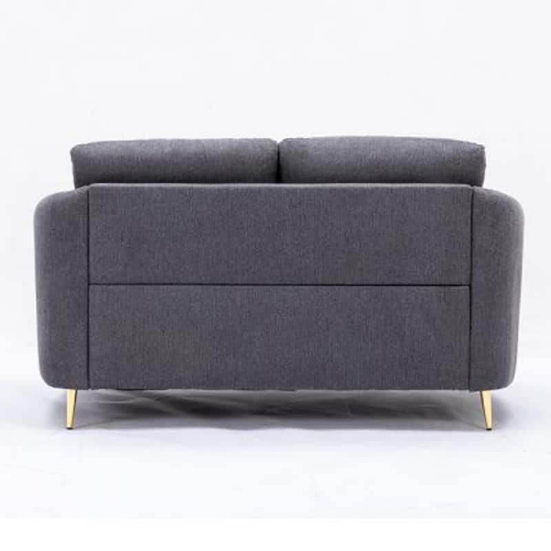 Nial 60 Inch Loveseat, Linen Upholstery, Pine Wood, Smooth Gray, Gold Legs