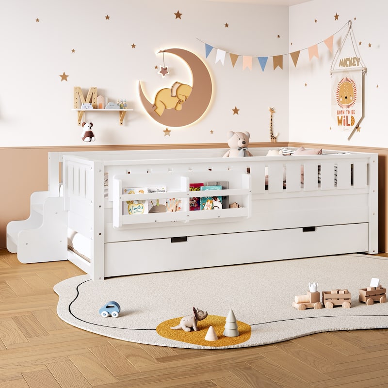 Roomfitters Floor Bed with Bookshelf and Trundle, Low Profile Frame with Step Entry