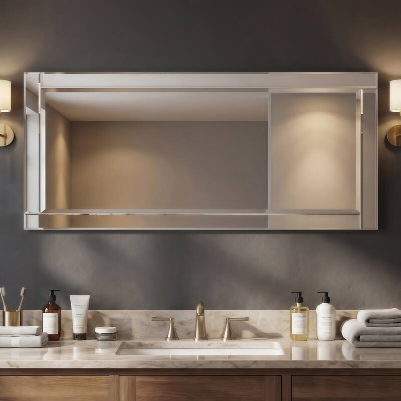 Beveled Rectangle 1"-Beveled Center Wall Mirror with Solid Wood Frame - Clear