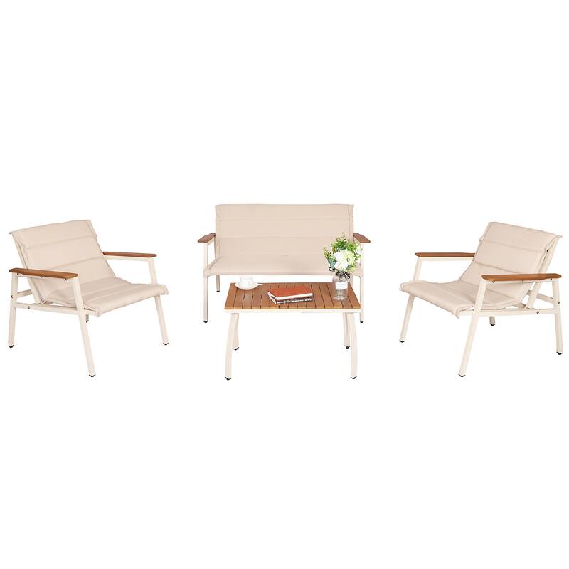 Outdoor 4-Piece All-Weather Patio Conversation Set with Soft Cushions - Beige