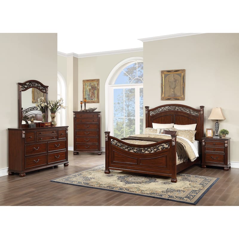 Traditional Style 1pc Bed Set Floral Design Bun Feet Carved Detail Dark Cherry Finish