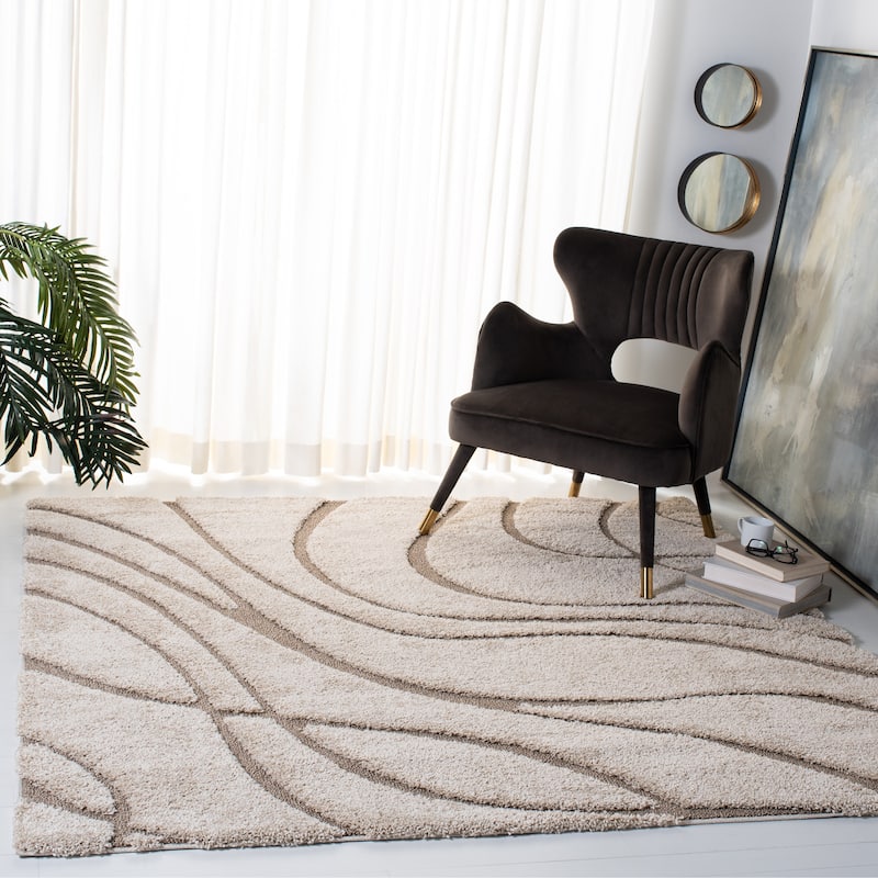 SAFAVIEH Florida Shag Sigtraud Abstract Waves 1.2-inch Thick Rug - 12' Square - Cream/Beige - Square