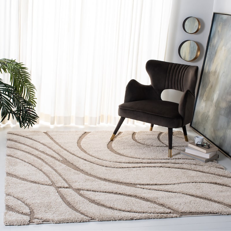 SAFAVIEH Florida Shag Sigtraud Abstract Waves 1.2-inch Area Rug - 5' x 5' Square - Cream/Beige