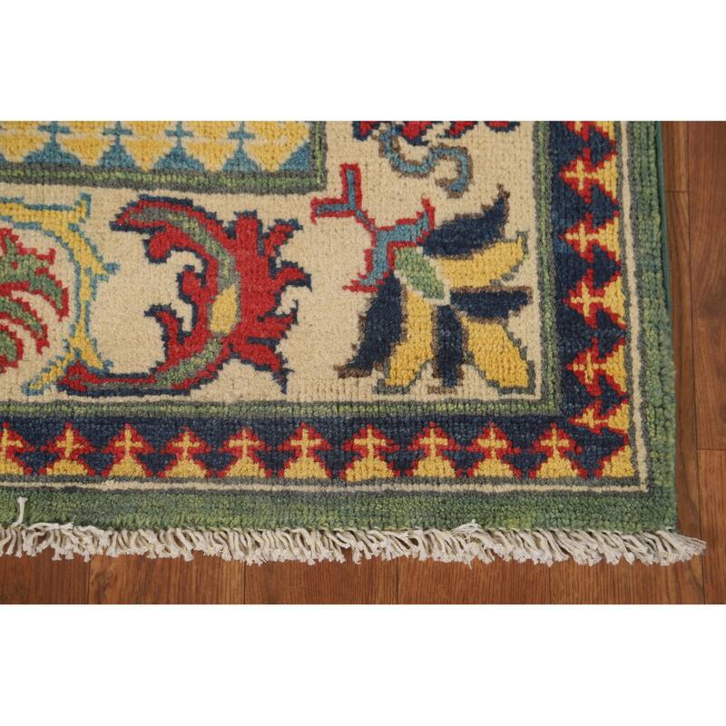 Green Floral Kazak Runner Rug Hand-Knotted Wool Carpet - 2'8" x 9'7"
