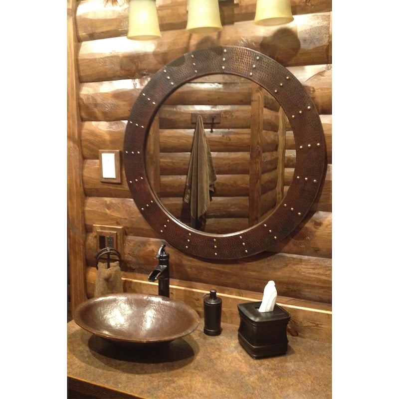 34-in Round Hammered Copper Mirror with Hand Forged Rivets in Oil Rubbed Bronze (MFR3434-RI)