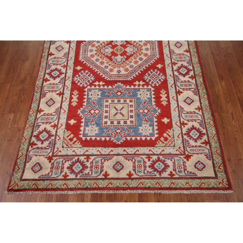 Geometric Red Kazak Runner Rug Hand-Knotted Hallway Wool Carpet - 3'11" x 13'4"