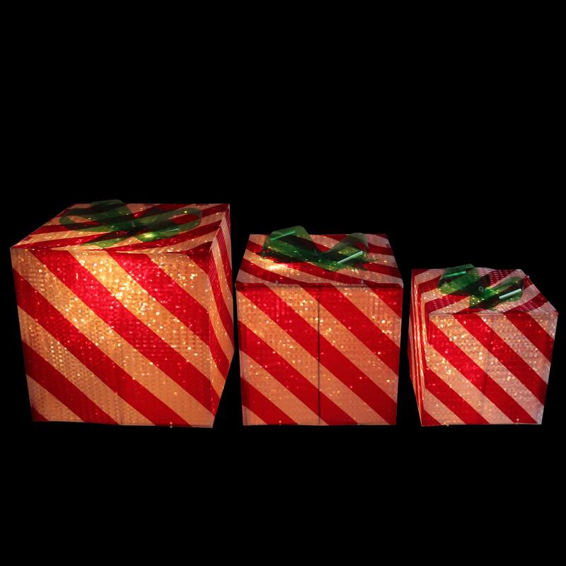 Lighted Candy Cane Striped Gift Box Outdoor Christmas Decoration - 12" - Red and White - Set of 3