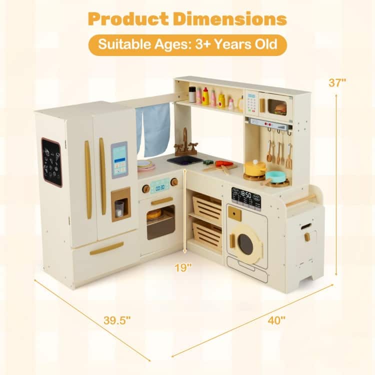 MDF Kids Corner Play Kitchen with Lights, Sounds and Accessories - 40" × 39.5" × 37"