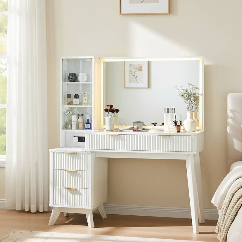 Modern Fluted Makeup Vanity Desk with Mirror, Lights, Charging Station - White