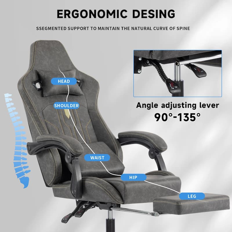 PU Leather Gaming Chair with Massage Lumbar Support, Footrest and Linkage Armrests