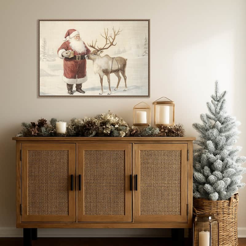 Santa Claus with Reindeer in Winter Wonderland by Melloi Art Prints Framed Canvas Wall Art Print - Sylvie Beaded Dark Gold