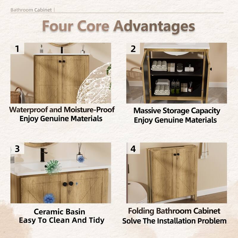 30inch Folding Floor Cabinet With Ceramic Sink- Patented 1-Minute Install, Space-Saving & Easy Assemble