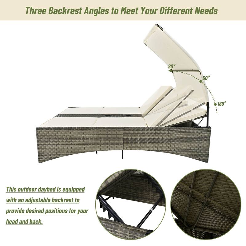 Outdoor Patio Rattan Daybed Sunbed with Canopy and Adjustable Backrest, Storage Box and 2 Cup Holders