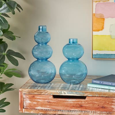 Blue Glass Bubble Decorative Vase with Various Sizes (Set of 2)