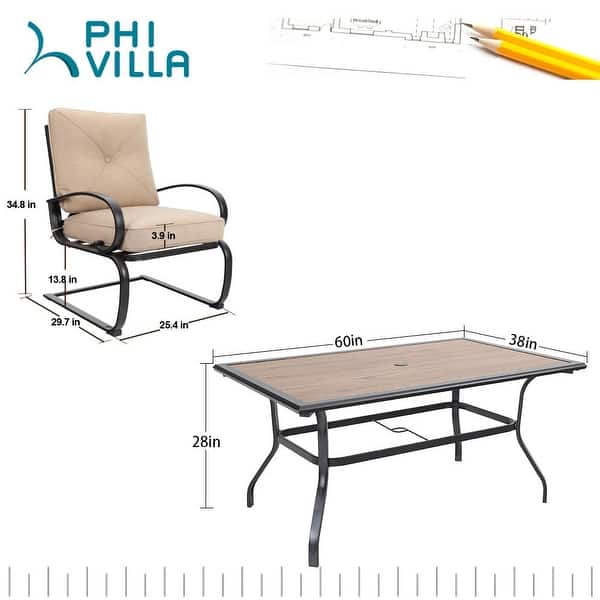 dimension image slide 1 of 2, Phi Villa 7-piece Outdoor Patio Dining Table, 6 Padded C Spring Chairs and 1 Wood-like Table