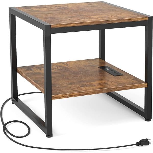 20 Inch End Table with Charging Station, 2-Tier Shelf, Rustic Brown ...